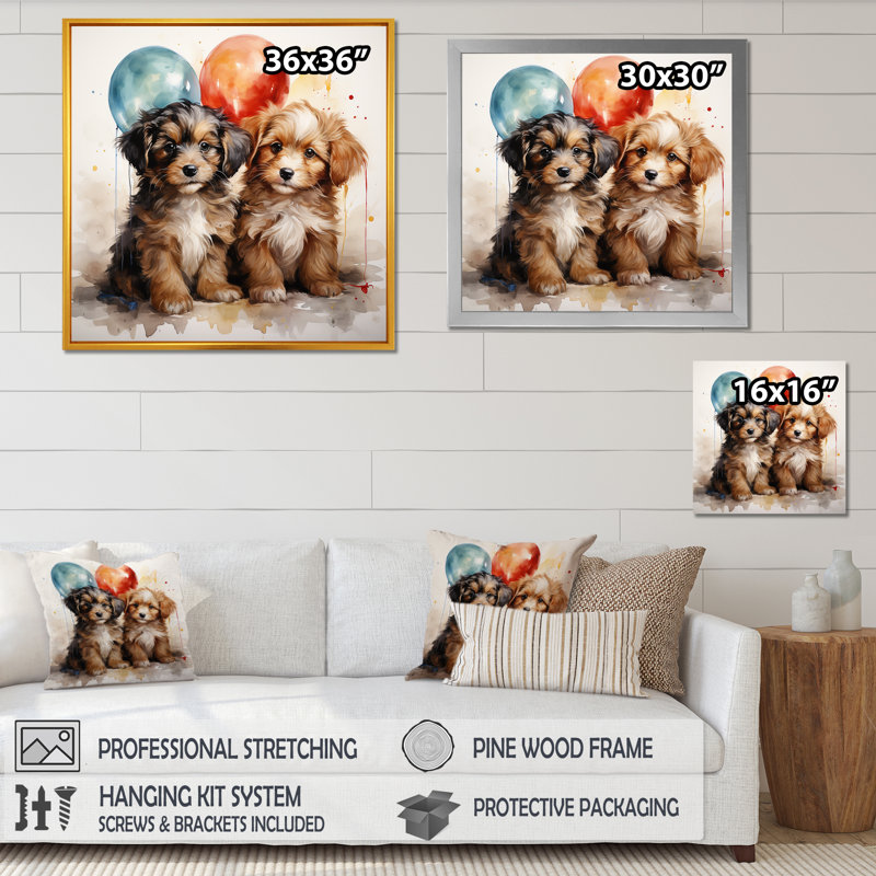 Puppies Parade Balloon Adventure III - Art mural de chambre de bébé, Cadre simple noir, H 16 po x l 16 po x P 1 po