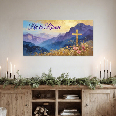  Easter Canvas Wall Art - Religious He Is Risen Pictures Wall Decor Featuring Cross and Flowers, Christian Artwork for Living Room Decor, 12×24 inches