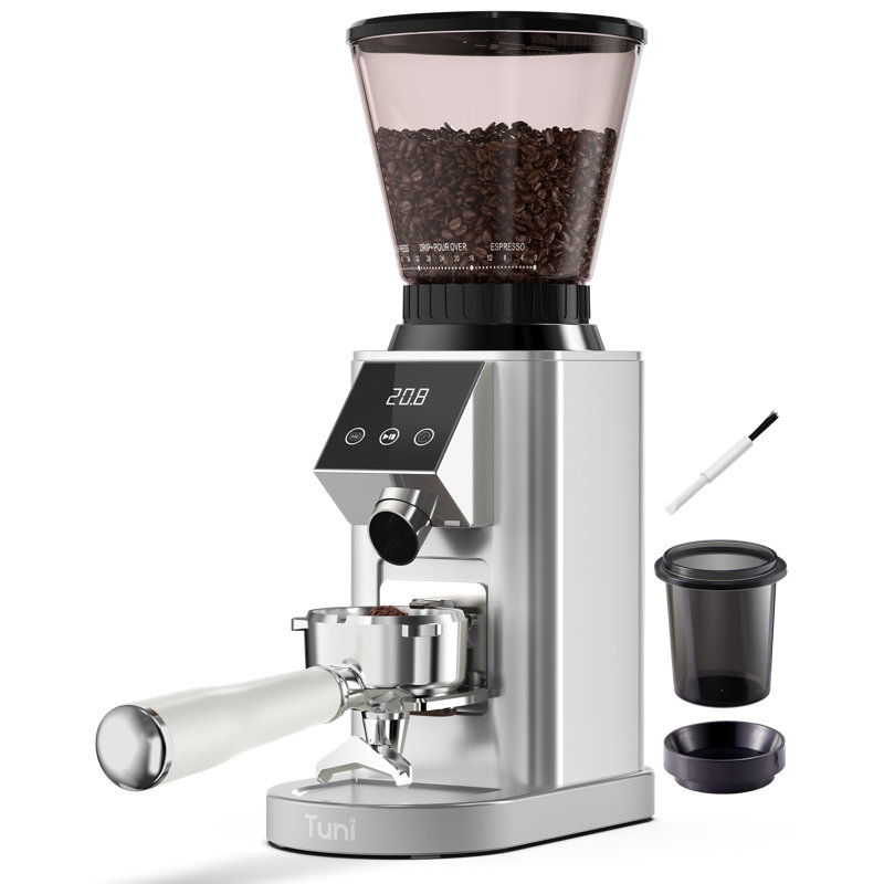 Tuni G1 Conical Burr Coffee Grinder, 48 Grind Settings Anti-static Burr Mill, Precision Electronic Timer and LED Touchscreen for Espresso/Drip/Cold Brew/French Press, Stainless Steel, Ivory