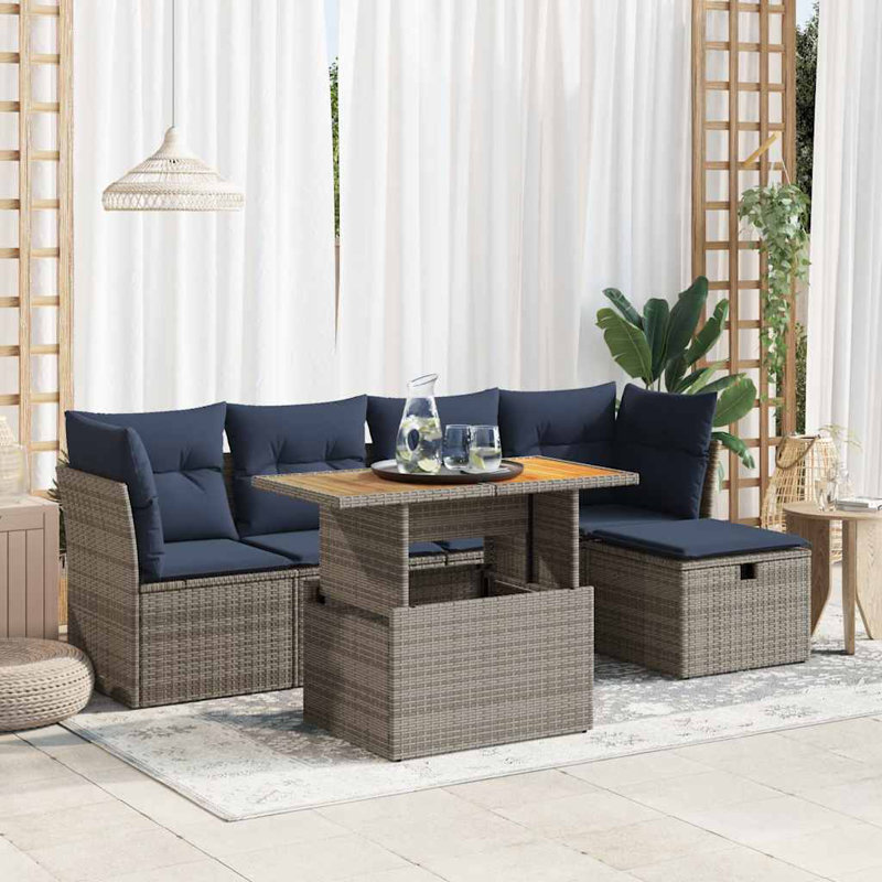6 Piece Garden Sofa Set With Cushions Grey Poly Rattan Acacia