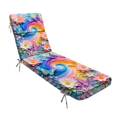 Peenoke 72.5"L×21"W×3"D (Seat) Indoor Outdoor 3" Thick Chaise Lounge Cushion Colorful Whimsical Swirl Butterflies Floral Motif Pastel Hues, Water-Resistant Replacement Patio Furniture Seat Cushion