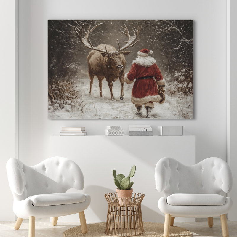 «Christmas Santa Claus Reindeer in Winter Forest Rustic Warm Holiday», reproduction d'art sur toile encadrée, Toile tendue