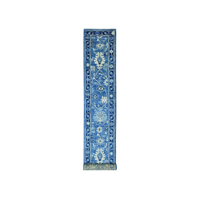2'9"x19'8" Blue Hand Knotted Angora Oushak Leaf Design Wool Runner Rug 86D0838550BA4CEDB408C1004D1F0D66
