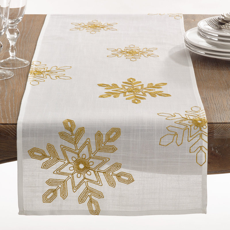 Embroidered Snowflake Holiday Table Runner, Gray, 120" L x 16" D