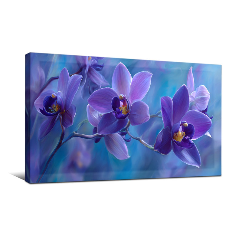 Plantes et fleurs, orchidées mauves sur fond bleu, H 16 po x l 32 po