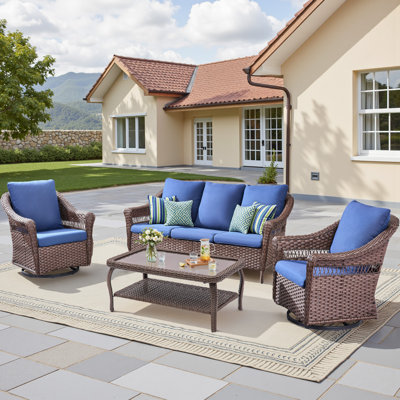 Ensemble de mobilier d'extérieur 4 pièces, canapé en rotin 3 places toutes saisons, 2 chaises berçantes pivotantes avec coussins amovibles et une table basse en verre trempé, ensemble de conversation pour patio, porche, cour arrière