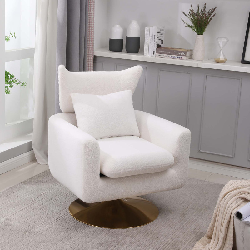 360-Degree Swivel Accent Chair with a Pillow, White Fabric