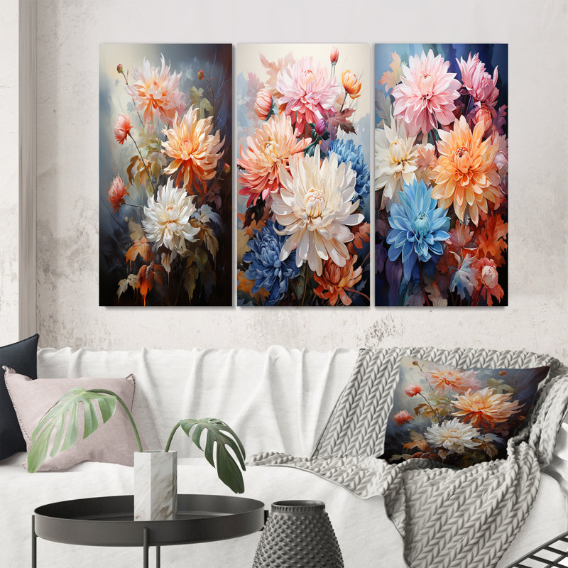 «Peach White Mums Romantic Impression», 3 pièces, Toile tendue, H 20 po x l 36 po