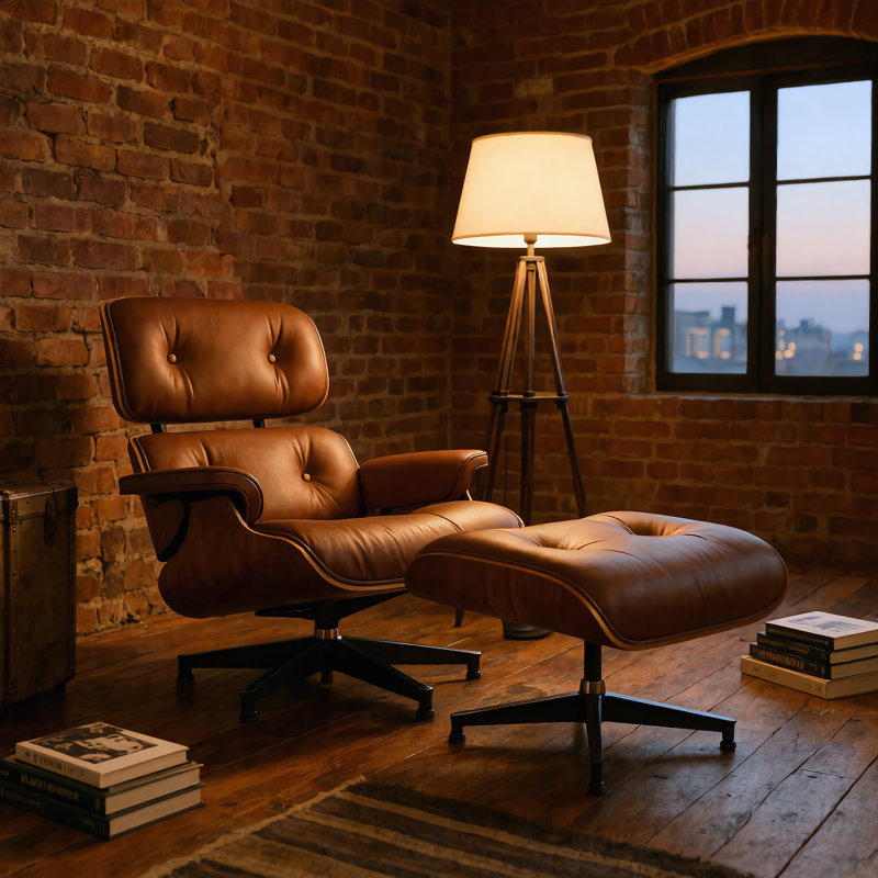 Genuine Leather Swivel Lounge Chair With Ottoman, Brown/Walnut
