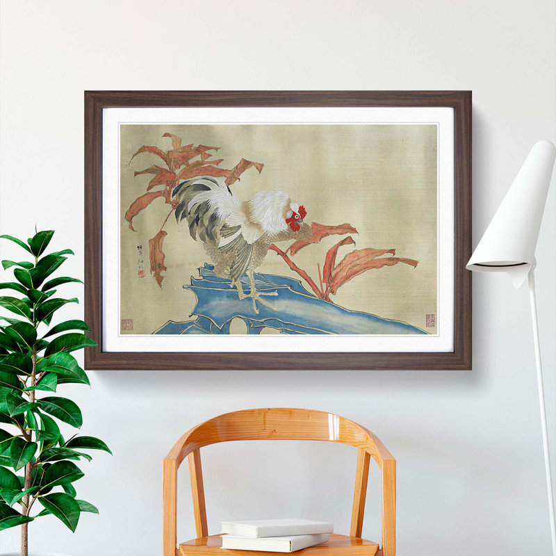 Rooster & Flowers - Picture Frame Graphic Art Print, Walnut, 40cm H x 60cm W x 2cm D