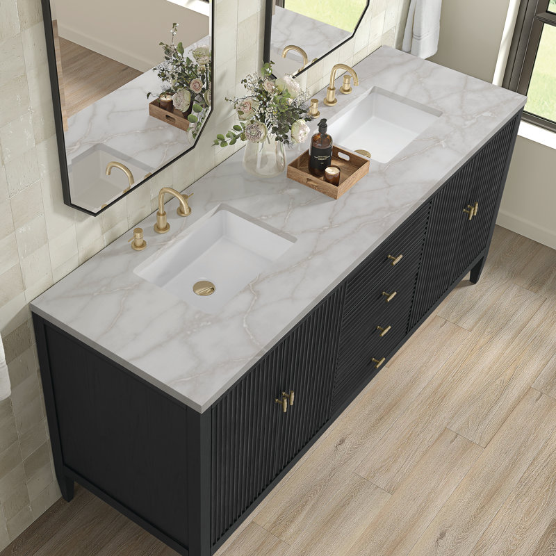Myrrin 72'' W Double Vanity, Carbon Oak, Victorian Silver Silestone, 8" Widespread