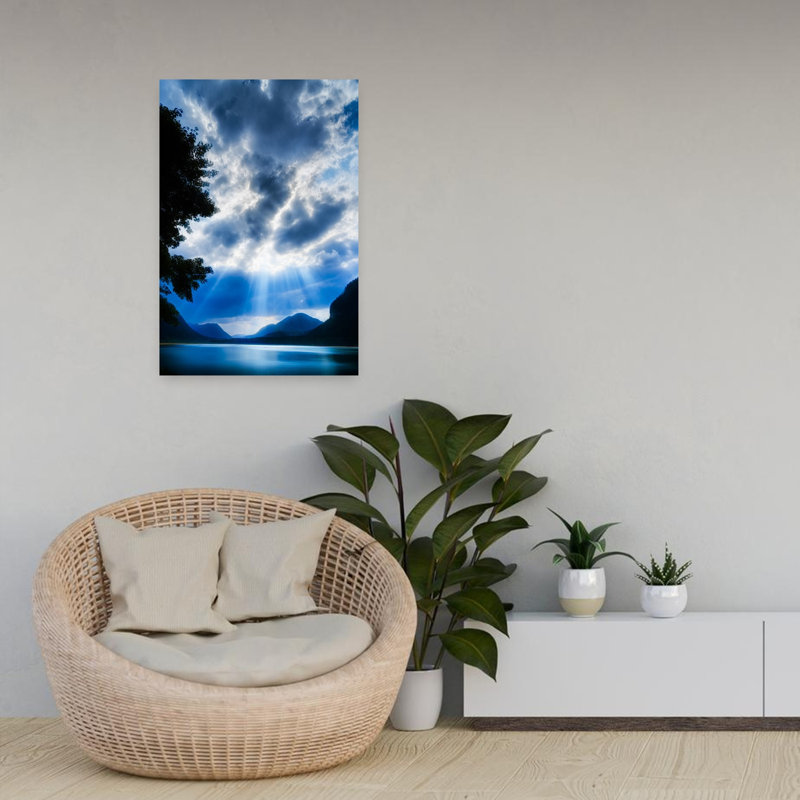 God Rays Over Sylvenstein Lake, Bavaria, Germany Abstract Contemporary Forest Landscape Wall Art, H 24 po x l 16 po