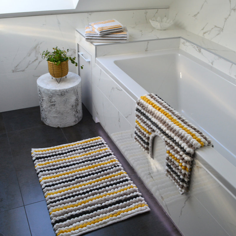 Two Piece Striped Bobble Bath Mat and Pedestal Mat Set, Grey/Yellow