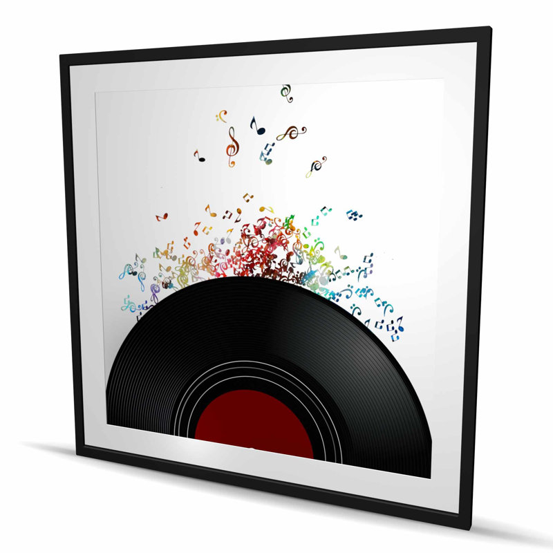 Notes s'échappant d'un disque vinyle | Reproduction encadrée avec passe-partout, H 48 po x l 48 po