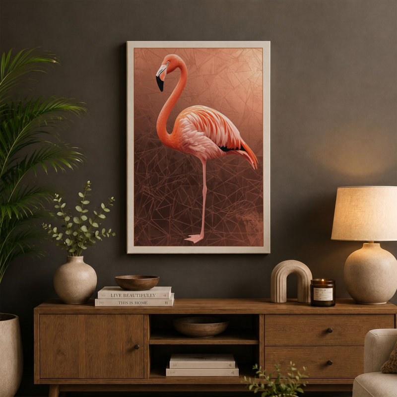 Flamingo in Repose Boho 1 Piece Wrapped Canvas Wall Art, 18x12 - 45.7 x 30.5 cm, Cream Border