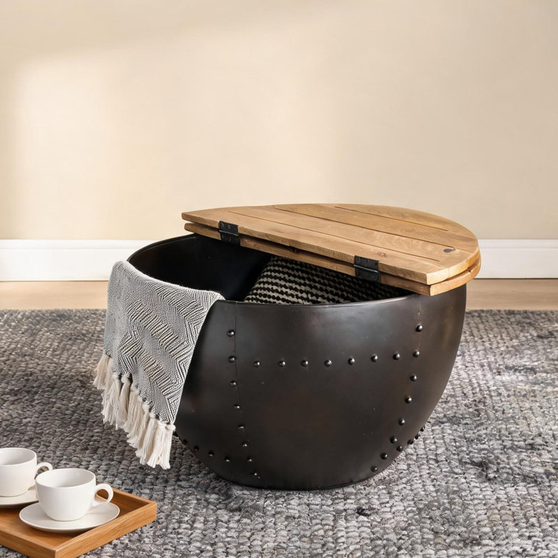 Table basse cylindrique avec rangement caché, ronde de 27 po, base en fer et plateau en bois de manguier, finition naturelle biologique, pour le salon