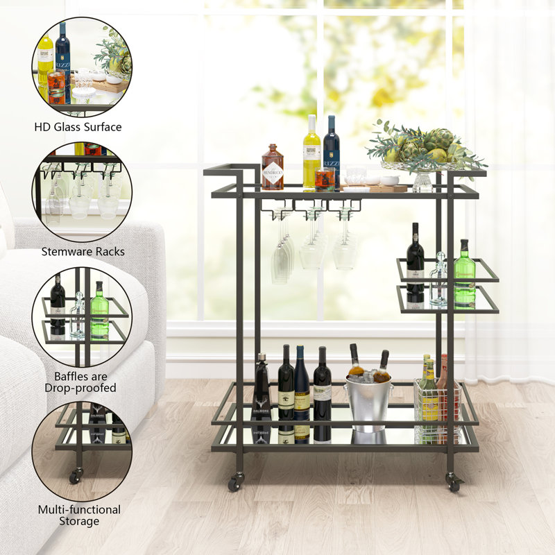 Black Metal and Glass 3-Tier Bar Cart with Storage