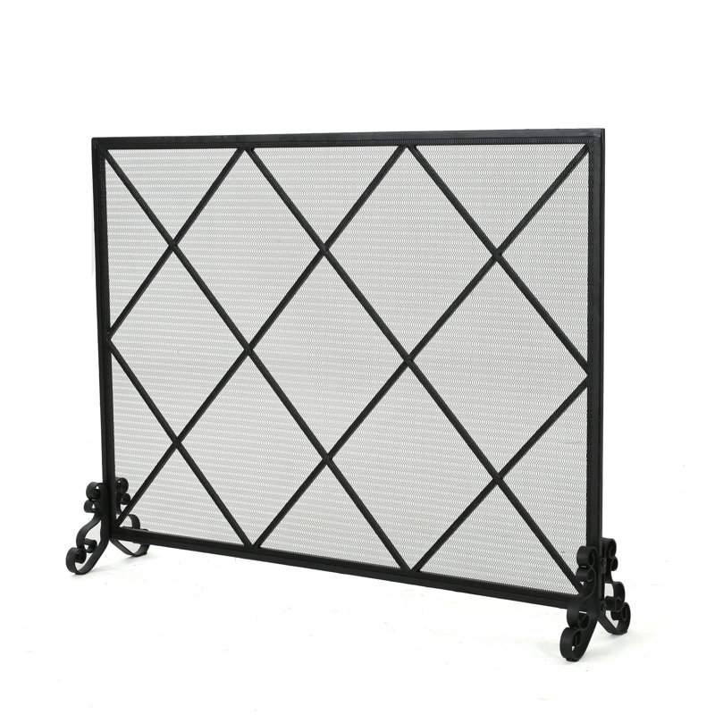 Pare-étincelles en fer - panneau simple, diamant classique élégant, 41,5 po x 8,9 po 32,1 po, fer noir, panneau avec finition minimaliste moderne