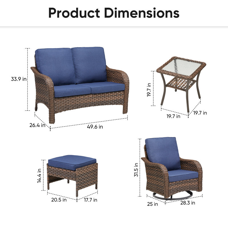 Ensemble de conversation avec causeuse Arick 7 pièces avec chaises pivotantes, table d'appoint et repose-pieds Arley, Bleu