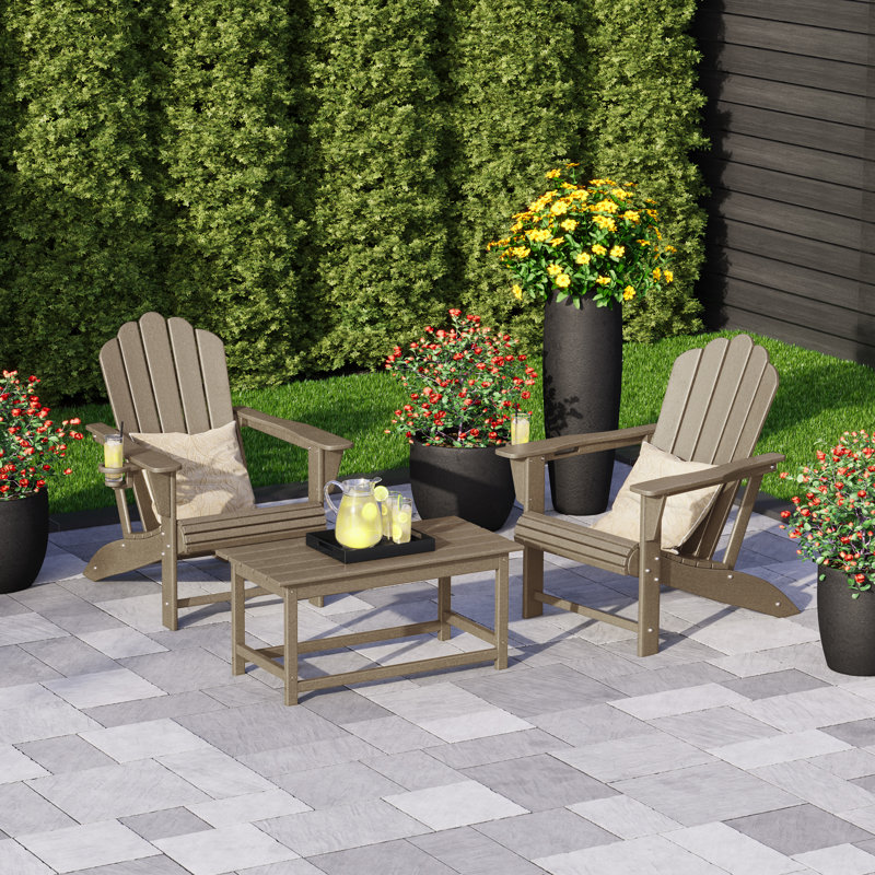 Outdoor Poly Adirondack Chair Set With Coffee Table, Beige