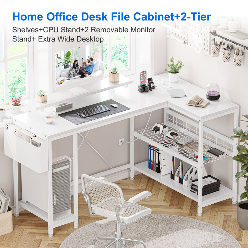 49" L Shaped Computer Desk with Power Outlets and RGB LED Lights for Home Office, White