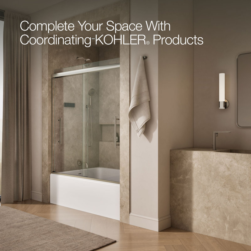 Pleat® 63-9/16"H Frameless Sliding Bath Door with 5/16"-Thick Crystal Clear Tempered Glass, Nickel