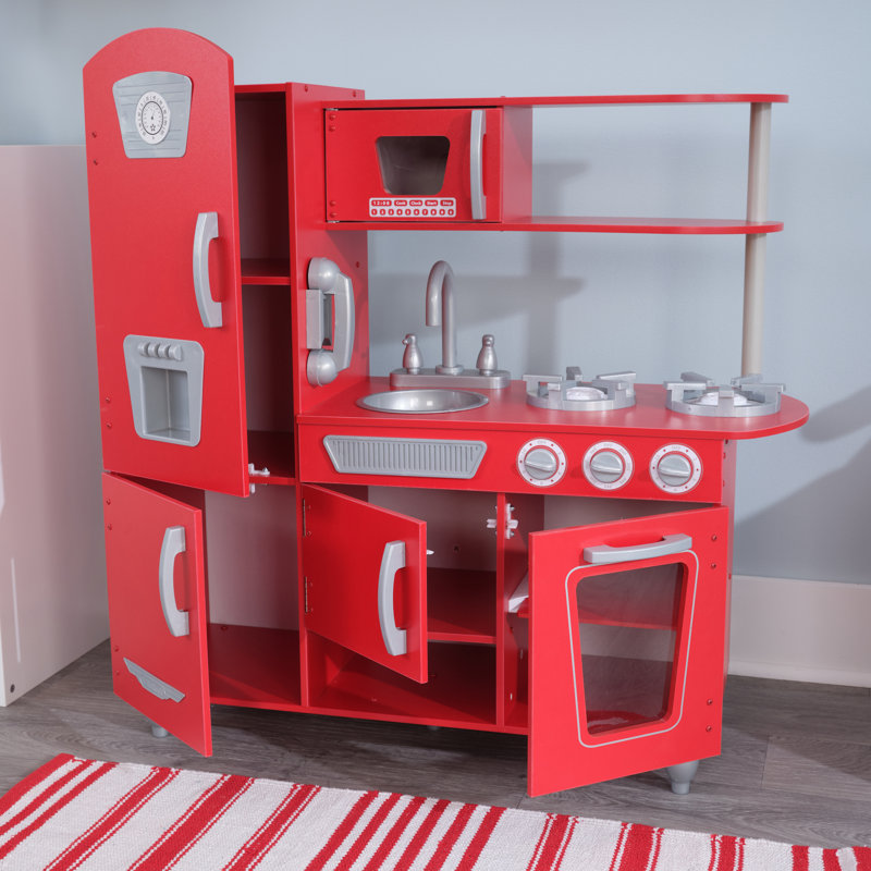 Cuisine de jeu rétro en bois avec machine à glaçons et téléphone pour jouer, Rouge