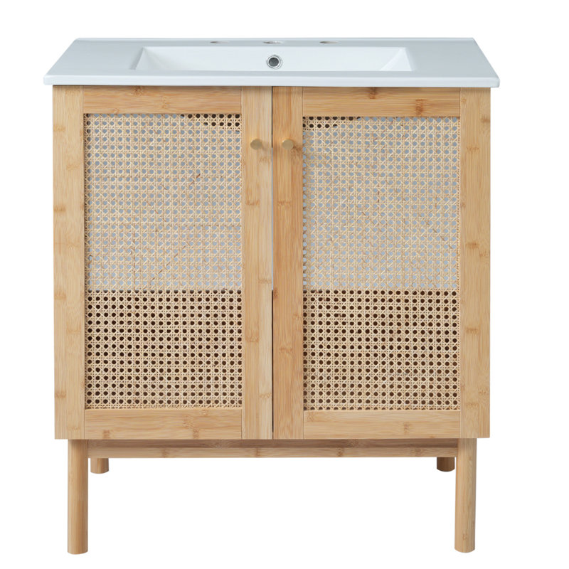 Meuble-lavabo avec portes en rotin fabriquées à la main