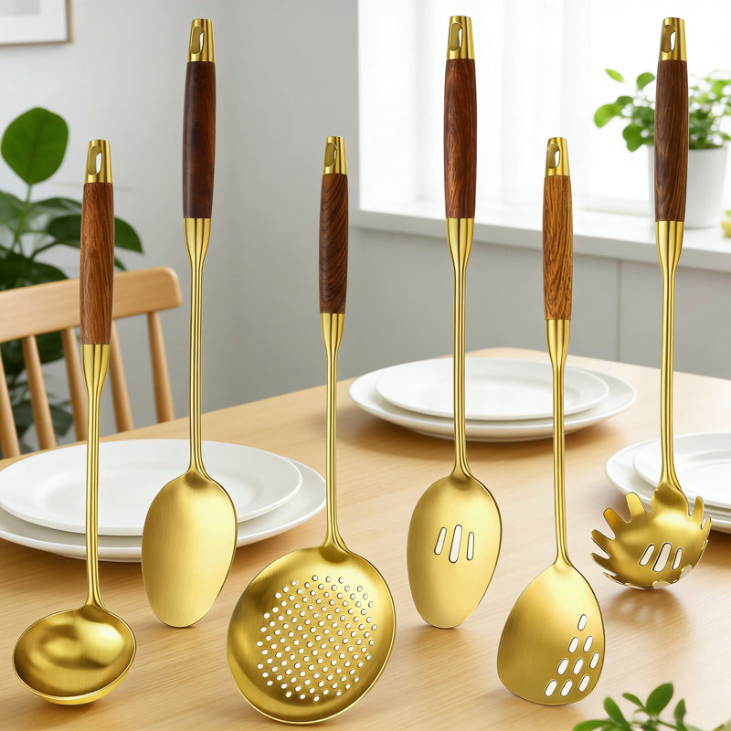 Ensemble d'ustensiles de cuisine 6 pièces en acier inoxydable avec poignée en bois Professional - Spatule, cuillère, louche, écumoire, cuillère à fentes, plat à pâtes pour cuisiner et servir