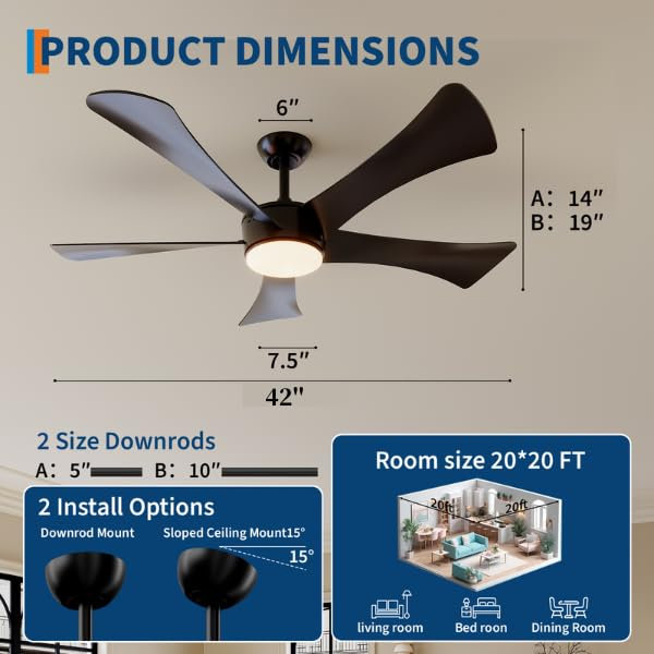 42" Smart DC Ceiling Fan with LED Light, 6-Speed Remote & Timer