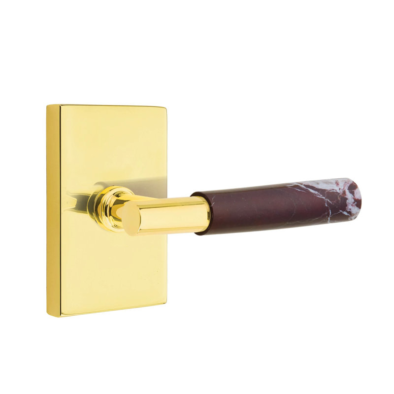 Ensemble de leviers de passage Emtek Select avec rosette rectangulaire et tige en T, levier en marbre Rosso Levanto, Gauche