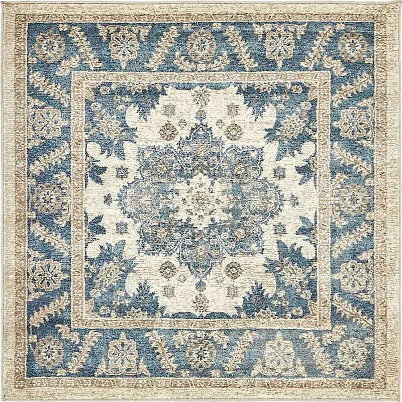 Tapis oriental bleu / beige Linz, Carré 8 pi
