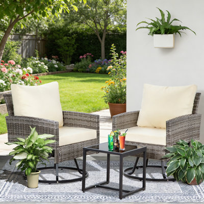 Outdoor Swivel Patio Chairs Set Of 3 Pieces Outdoor Wicker Apartment Balcony Furniture Sets With Thick Cushions,Rattan Table And Chairs Set Of 2 Coffee Table For Porch Backyard-Beige