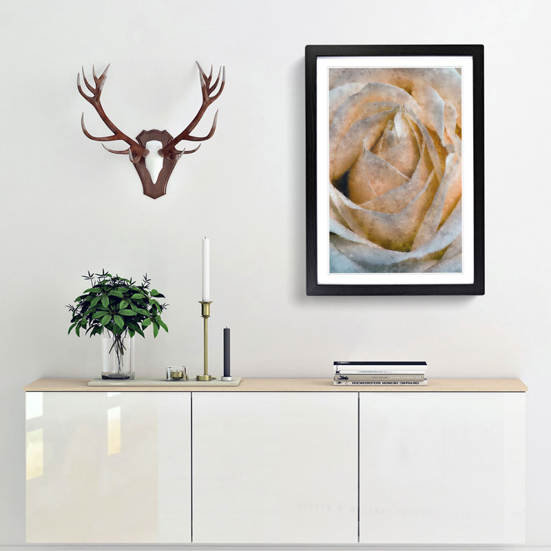 A Peach Yellow Rose - Picture Frame Painting Print, 45cm H x 33cm W x 2cm D, Black Framed