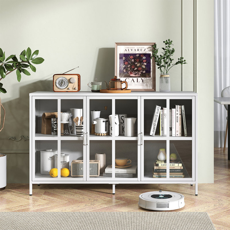 55" W Sideborad Accent Cabinet Kitchen Buffet Metal Storage Cabinet, White