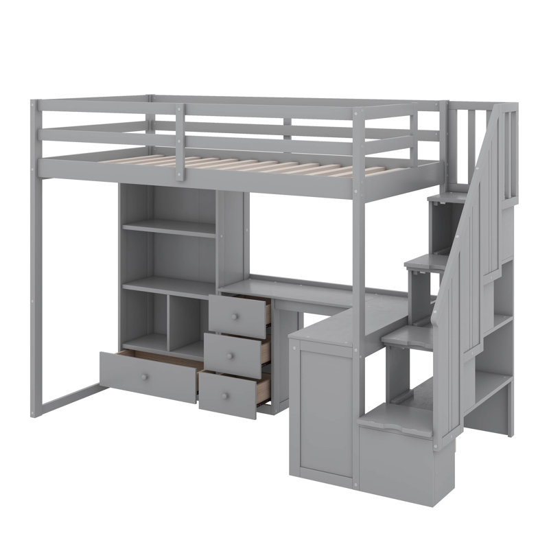 Lit mezzanine simple avec bureau en L et tiroirs, Gris
