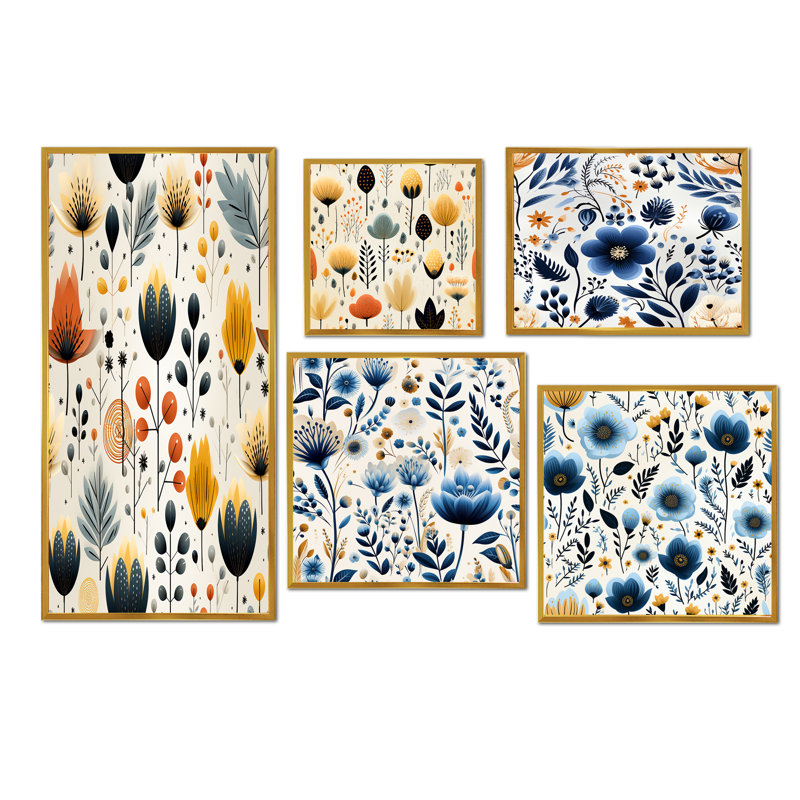 Janssen - ensemble de 5 impressions sur toile florales, Cadre flottant doré