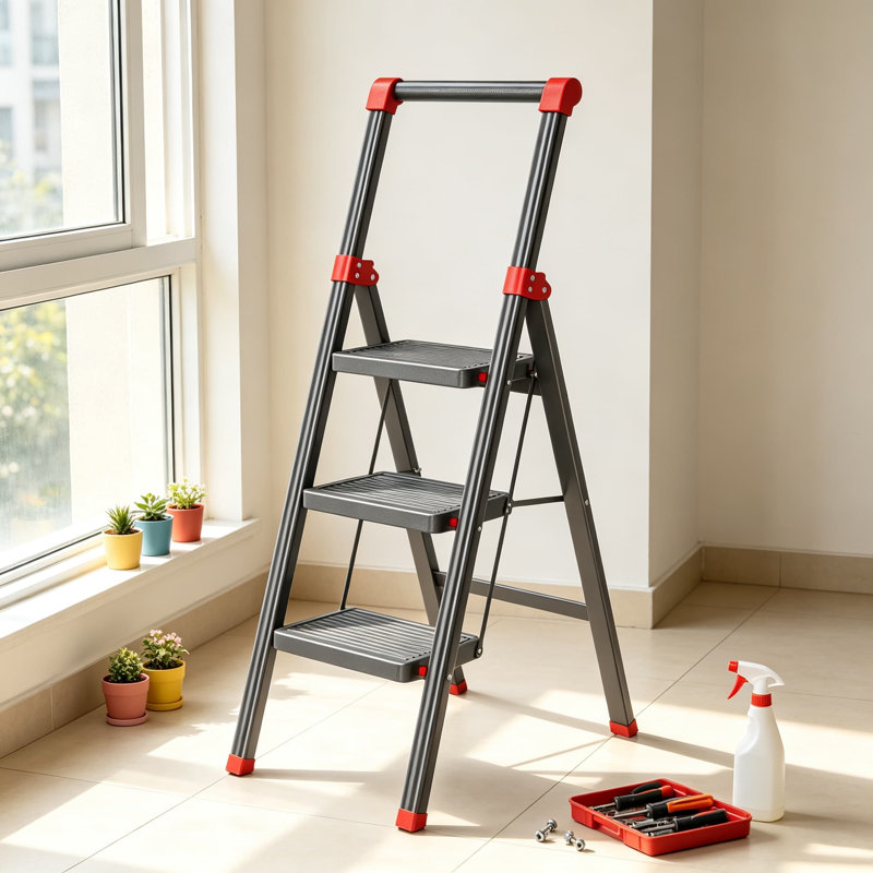 Marchepied pliant avec large pédale antidérapante et main courante, fabrication en acier robuste, conception peu encombrante pour la maison et le bureau, noir et rouge