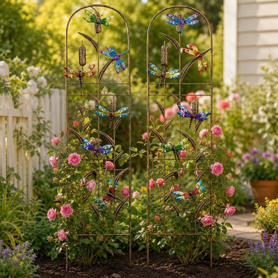 2 Pieces Metal Garden Trellis, Decorative Climbing Plant Support with Dragonfly Design