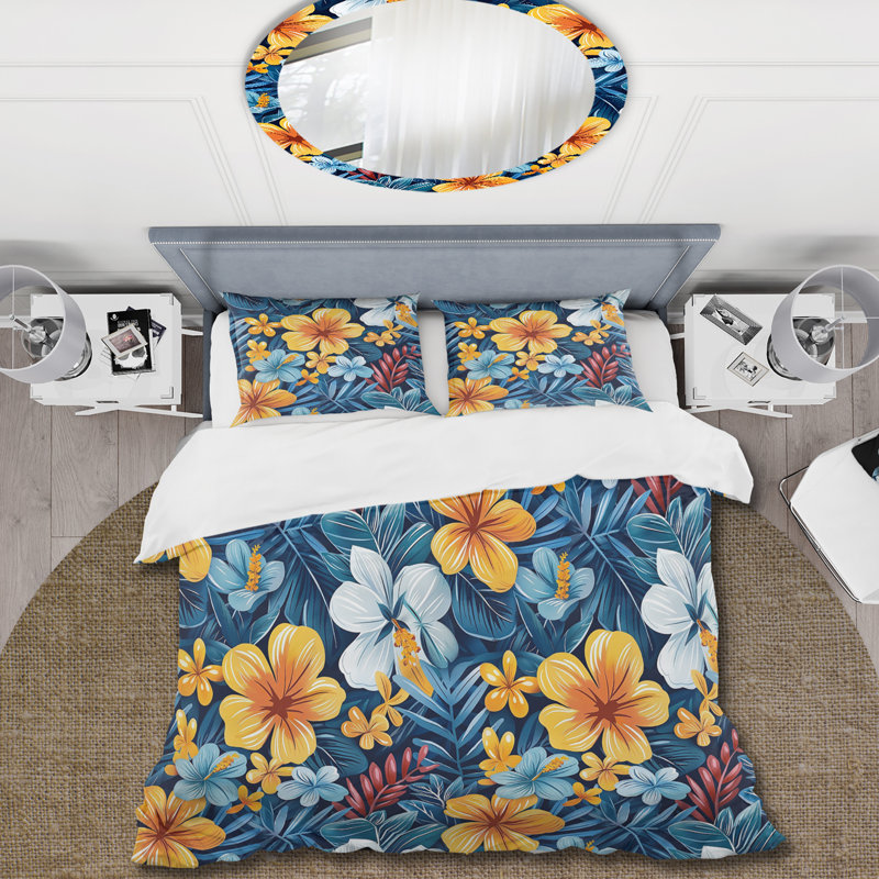 Ensemble de housse de couette jaune bleu tropical Tropical Blooms I - Midcentury