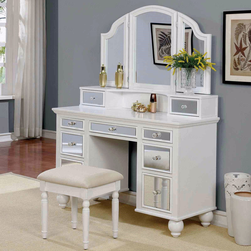 Ensemble de meuble-lavabo de maquillage blanc à finition blanche avec tabouret et 3 tiroirs, White/Silver