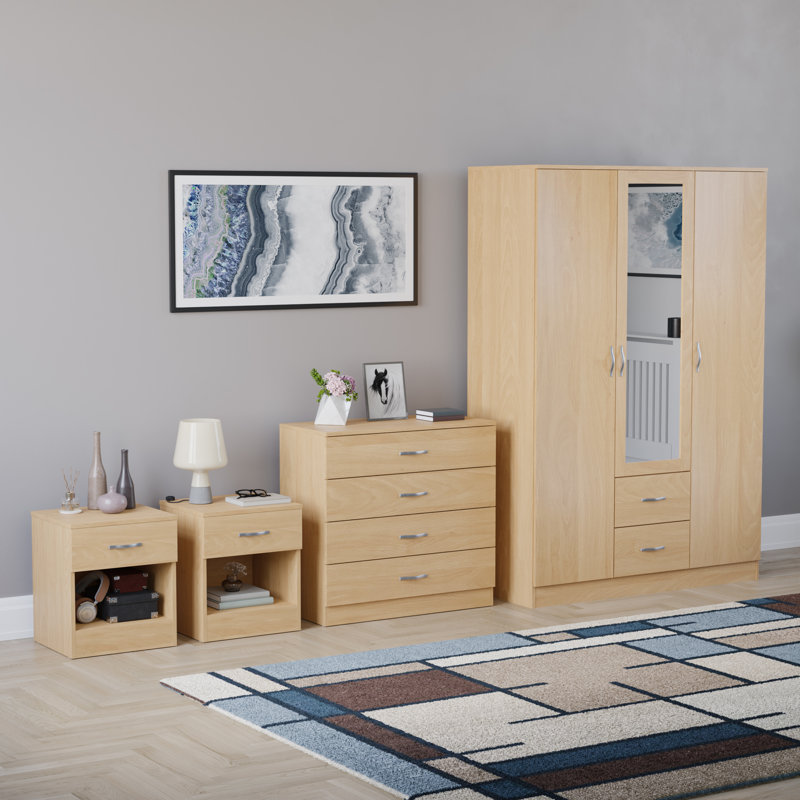 Tayce 4 Piece Bedroom Set (1 Drawer Bedside Chest X2, 4 Drawer Chest, 3 Door 2 Drawer Mirrored Wardrobe), Tan