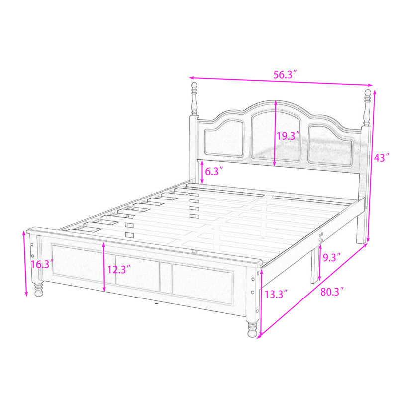 Lit plateforme en bois avec tête de lit et pieds centraux, conception d'inspiration rétro, Double, Noyer