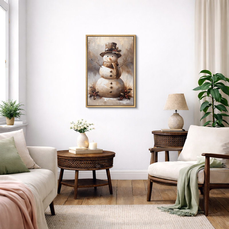 Charmant bonhomme de neige souriant avec écharpe et chapeau haut de forme, H 36 po x l 24 po, Cadre naturel flottant