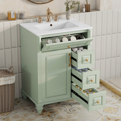 Meuble-lavabo autoportant vert 24 po avec tiroir escamotable, 3 tiroirs et armoire de rangement, comptoir en céramique, bois massif et panneau de fibres à densité moyenne