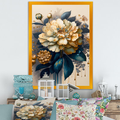 Jaune profond et fleurs de zinnia bleues II - Impression sur toile
