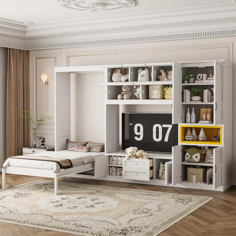 Lit escamotable double en bois avec meuble télé, 2 tiroirs, étagères et placards, blanc