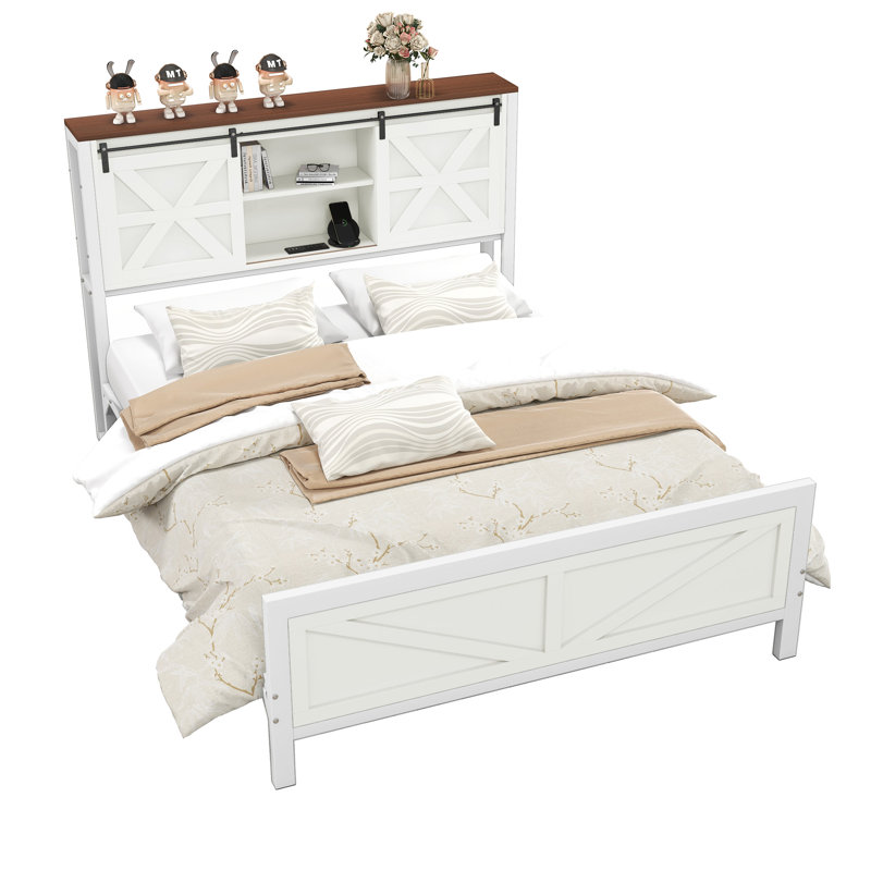 Farmhouse Platform Storage Bed with Bookcase Headboard and Built-In Charging Station, White, Queen