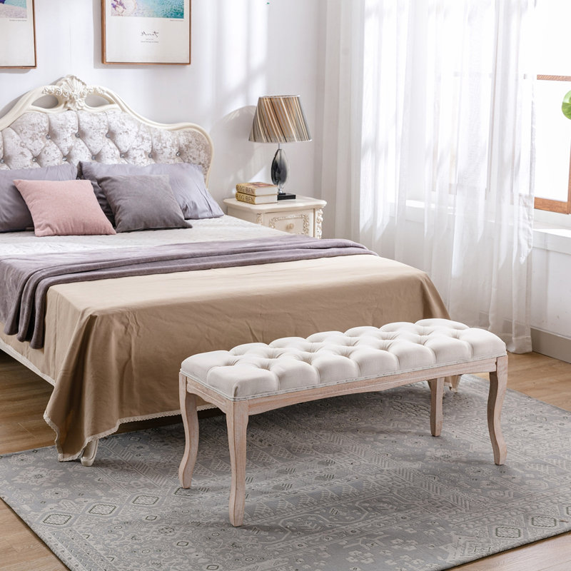 Banc de hall d'entrée touffeté à la française avec pieds en bois sculpté, 18.9 " H x 43.3 " L x 15 " D, Beige / Patchwork