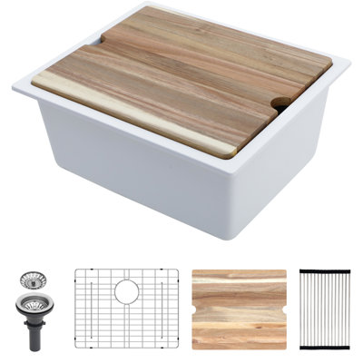 White 21X18" Granite Composite Quartz Workstation Sink For Kitchen, Undermount Style, Smooth And , Dirt - , Quiet Use, Package With Rack, Strainers, Grid, Board Installation Guide Kitchen Sink, High